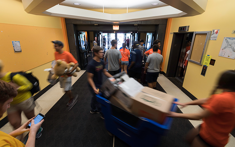 Photo of students carrying boxes and personal items into a residence hall