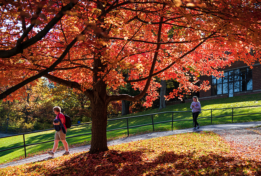 Photo of students with backpacks walking across Eastman Quad in front of Rush Rhees Library on River Campus