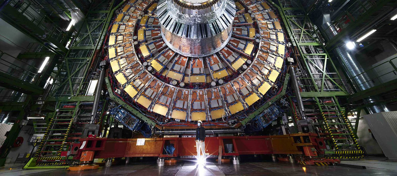 Low angle view of CERN Compact Muon Solenoid detector, used to measure the electroweak mixing angle, a component of the Standard Model of Particle Physics.