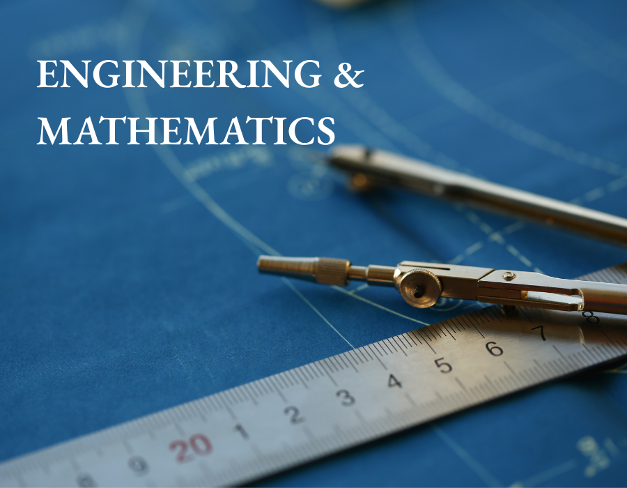 A compass and ruler on a blueprint with the words Engineering and Mathematics overlayed in white.