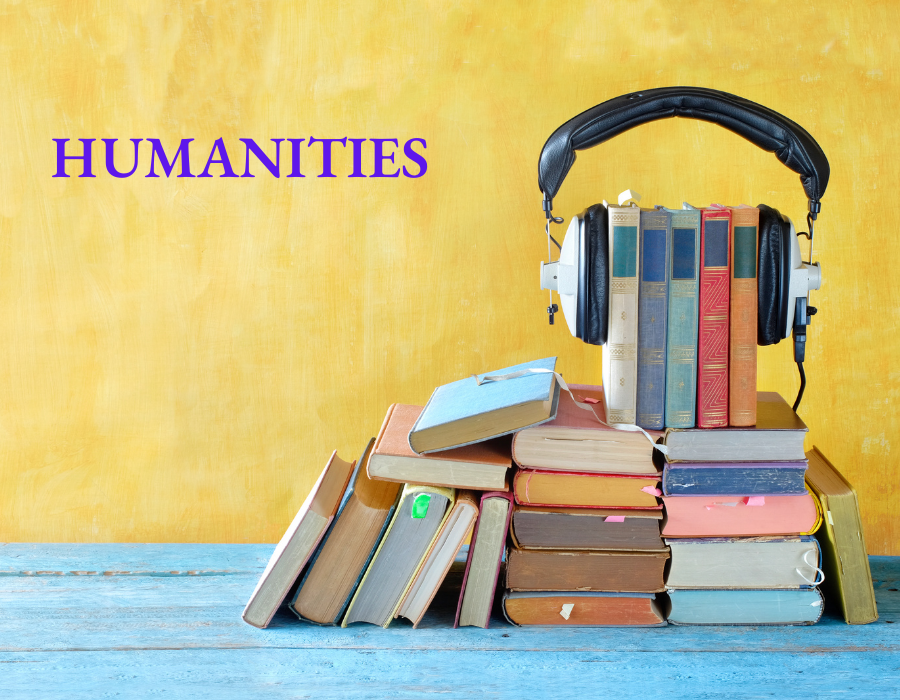 A pyramid of books with headphones on the top of them and the word Humanities overlayed in purple.