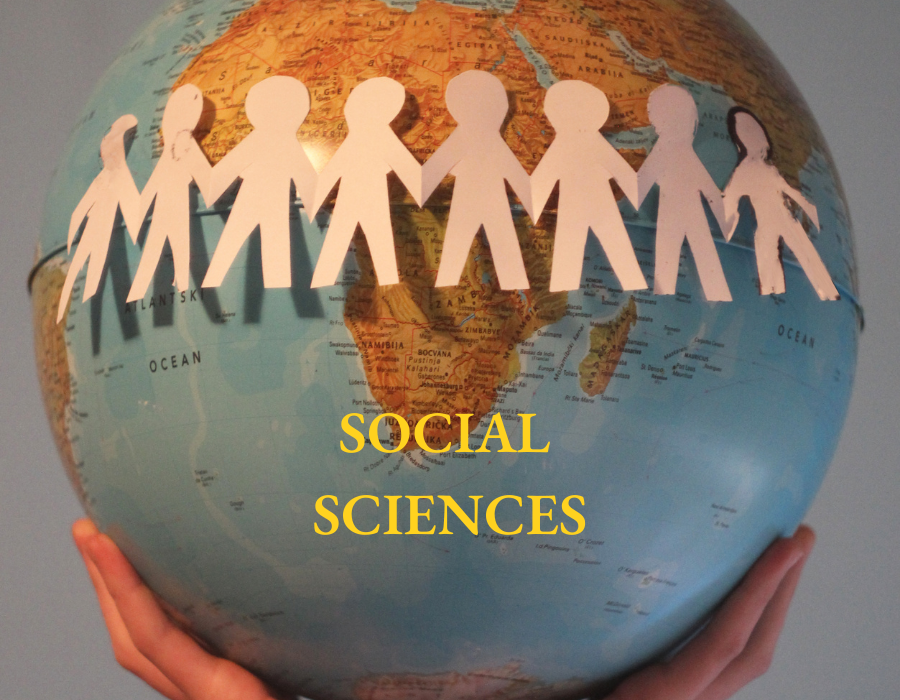 Two hands holding a globe with paper people encircling it and the words Social Sciences overlayed in yellow.