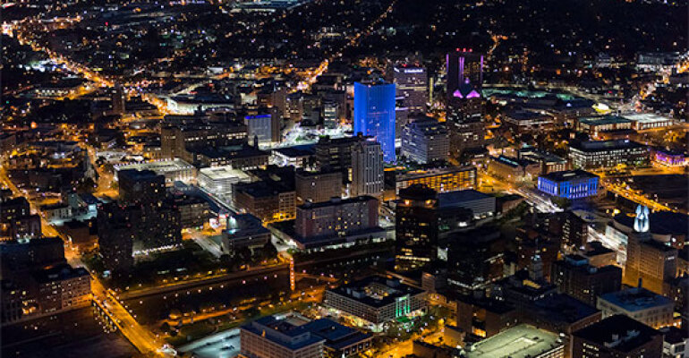 Aerial view or downtown Rochester at night