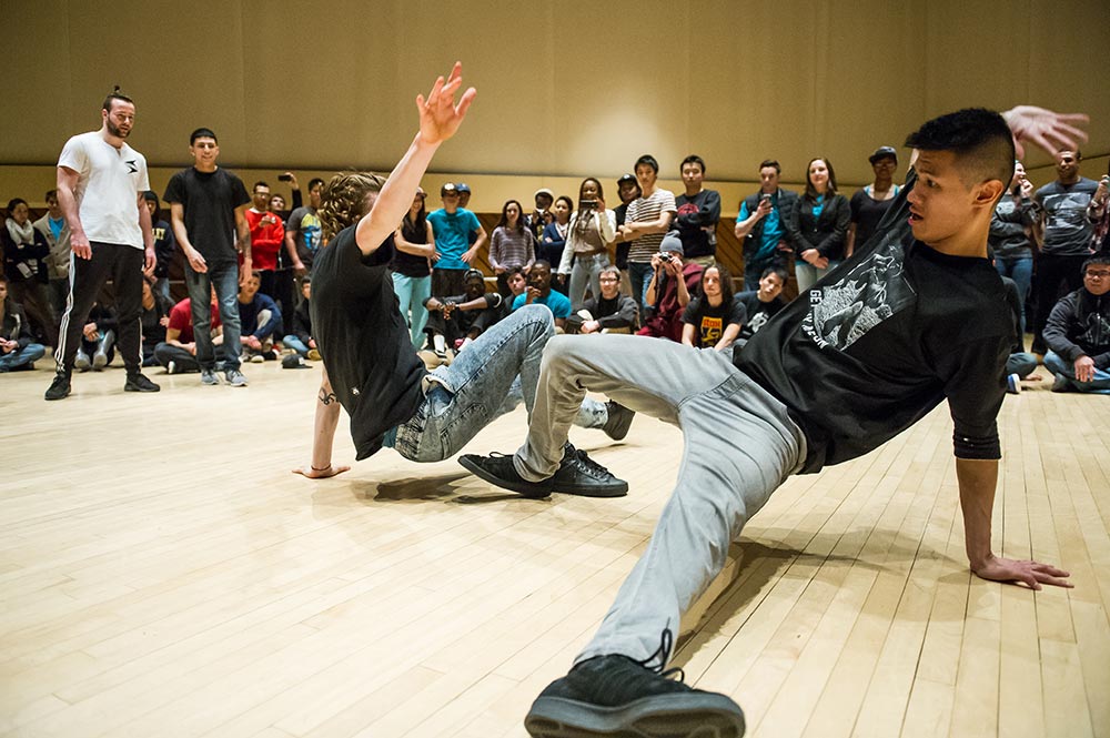 Two guys breakdancing