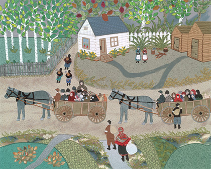 fabric art depicting people being loaded into wagons