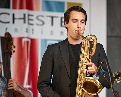 saxophonist playing at the Xerox Rochester International Jazz Festival