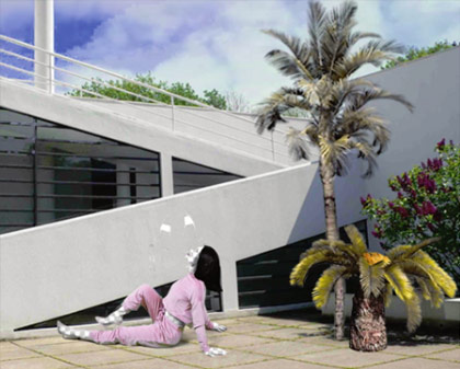 painting of a woman in a pink tracksuit on a patio