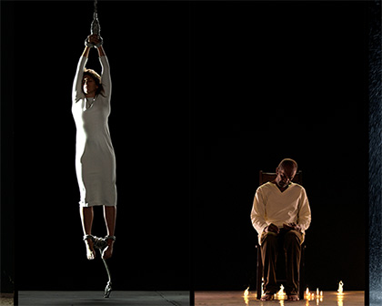 image of man sitting, surrounded by candles, and woman suspended by ropes