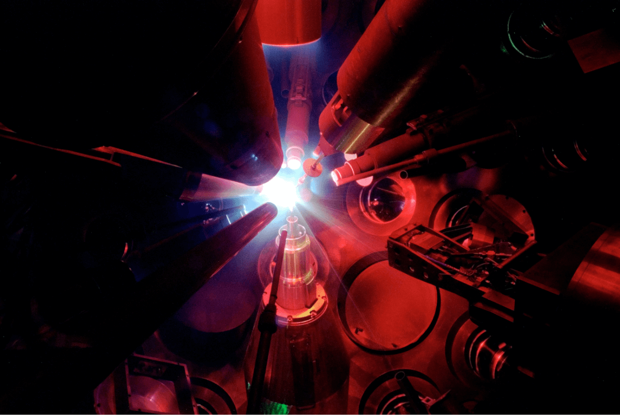 Lasers firing a target  Laboratory for Laser Energenics laser array.