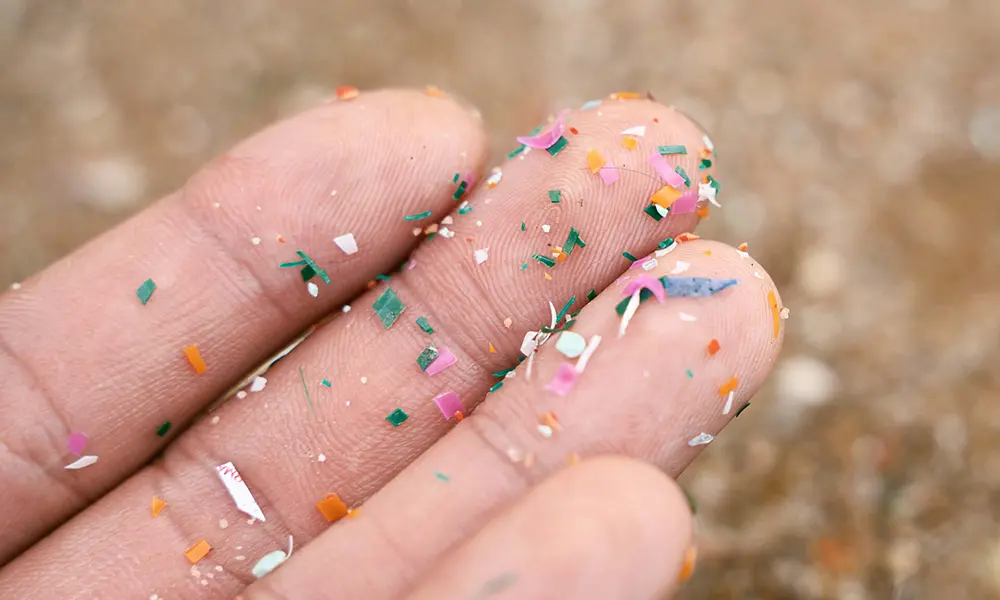Close-up of an open hand with small pieces of plastic resting on top.