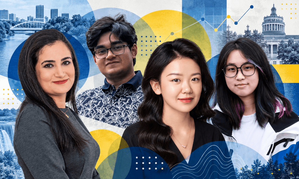 Photo illustration featuring URochester students Maryame Kouram, Naman Bhagat, Sherry Wang, and Zihan 