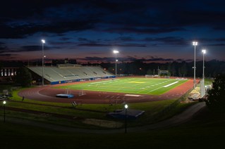 Fauver Stadium at night.