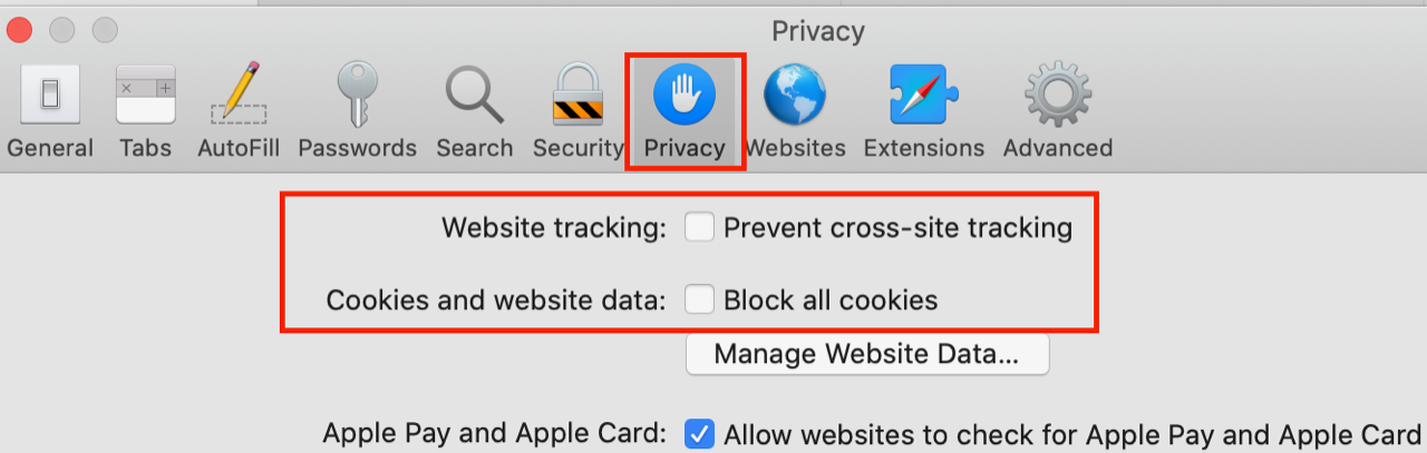 Privacy settings in Safari