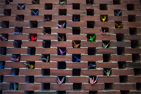 Paper cranes in a wall