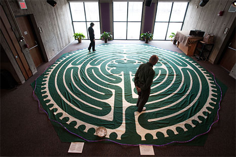 Two people walking the labyrinth