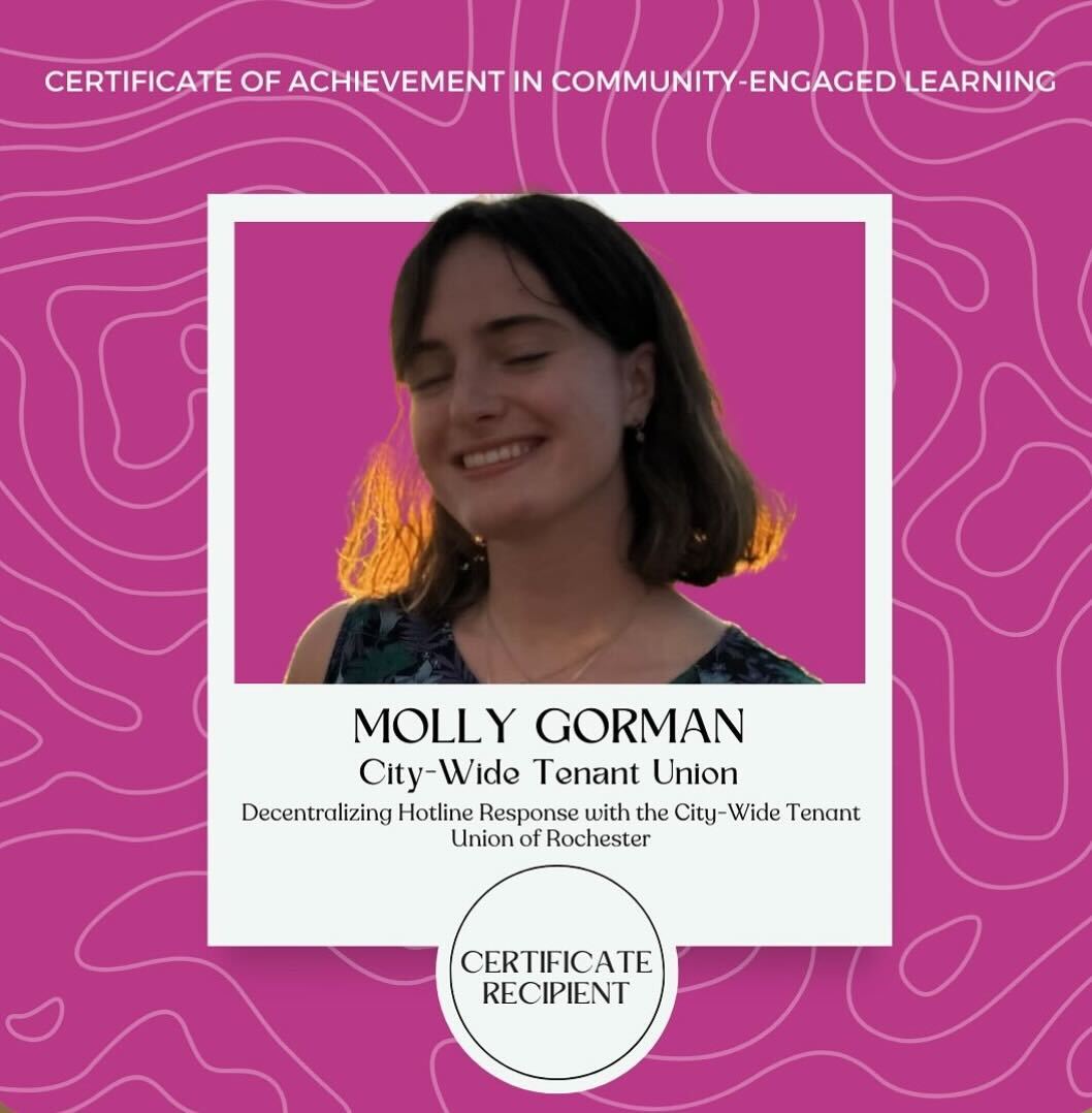 A headshot of Molly in a Polaroid frame on a pink and white graphic background.