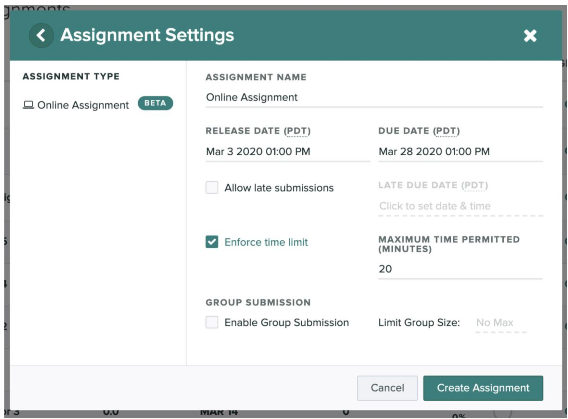 Screenshot of Gradescope assignment settings