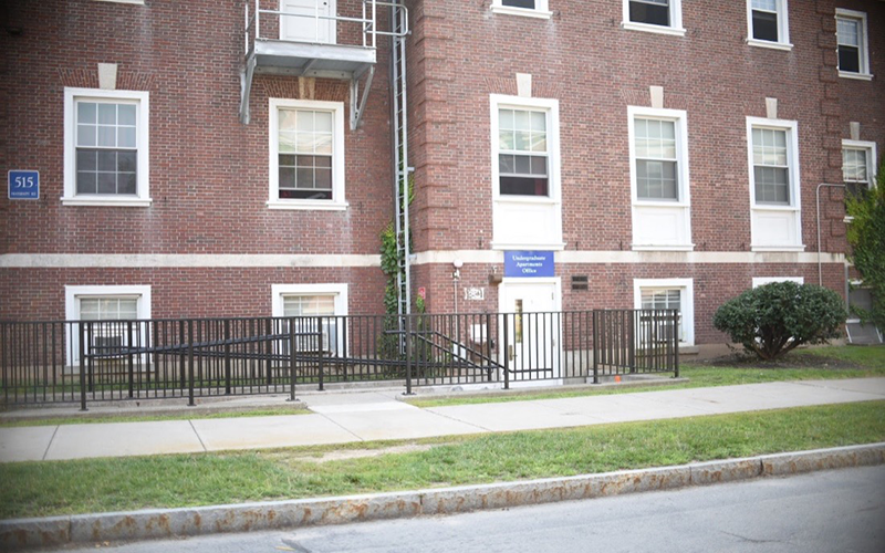 Door to the basement floor of a residence hall