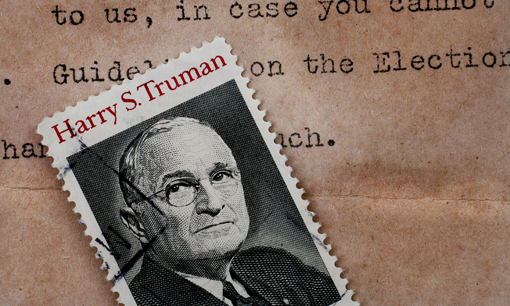 A Harry Truman stamp on a typewritten letter.