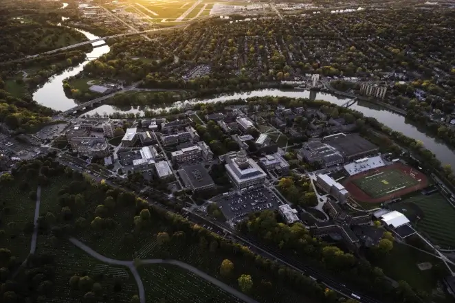 aerial photo of River Campus looking southwest