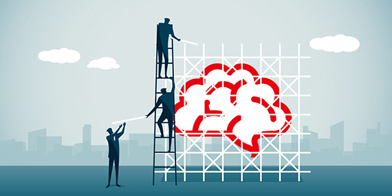 An illustration of people climbing scaffolding to build a brain.
