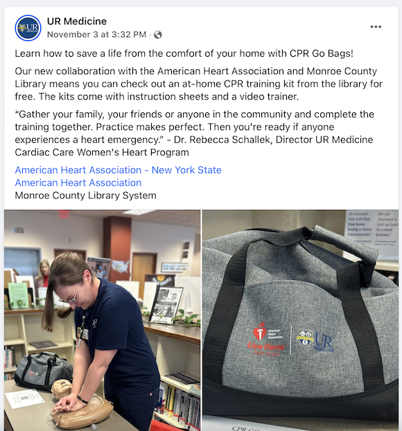 Screenshot of the UR Medicine Facebook page showing a woman ina. a navy shirt practicing CPA
