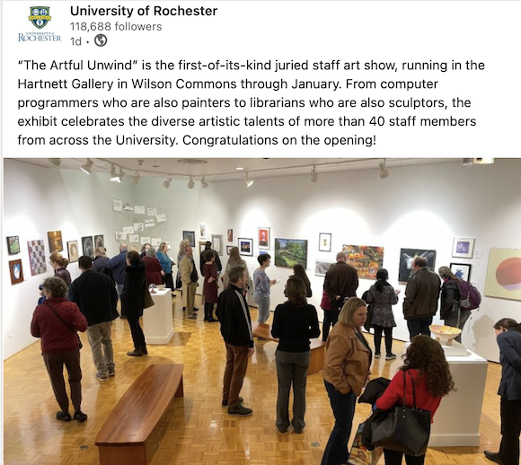 Screenshot of the University of Rochester LinkedIn. A group of people look at various works of art in a spacious gallery. 