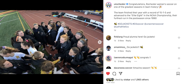 Screenshot of the University of Rochester Instagram. A group of women's soccer players in blue and navy uniforms celebrations together