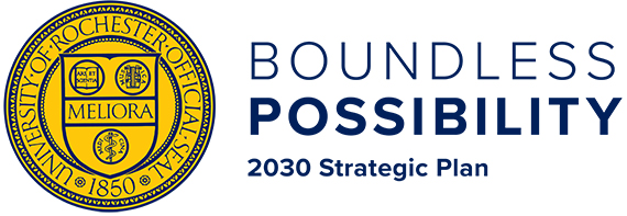 Graphic that says "BOUNDLESS POSSIBILITY 2030 STRATEGIC PLAN" next to the University of Rochester seal.