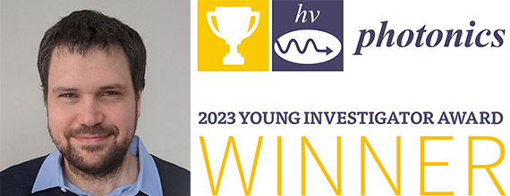 A graphic with Michele Cotrufo's headshot that says, "photonics 2023 YOUNG INVESTIGATOR AWARD WINNER"
