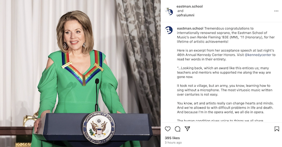 Screenshot of the Eastman School of Music Instagram. Opera singer Renee Fleming in a green gown with rainbow Kennedy Center Honors around her neck