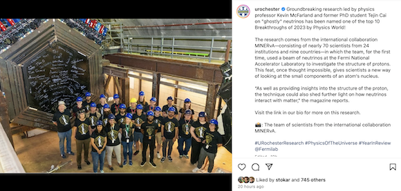 Screenshot of the University of Rochester Instagram showing a team of scientists wearing blue hard hats