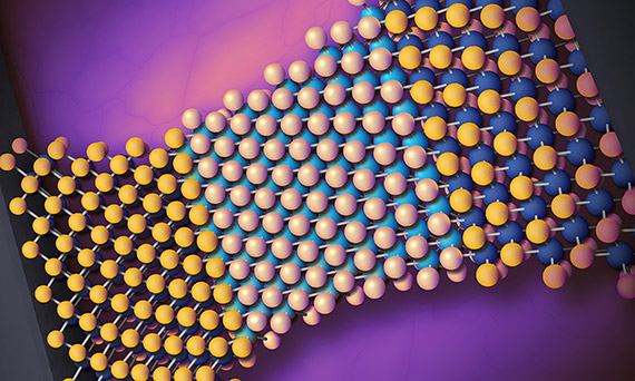 Illustration of a 2D material represented by dots of various colors against a magenta background to help explain phase-change memristor technology.