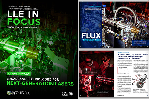 The cover and several interior pages of the LLE In Focus magazine.