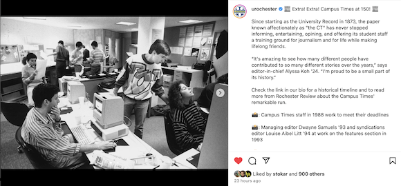 Screenshot of the University's Instagram. A black and white photo shows students in a newspaper room circa 1988.