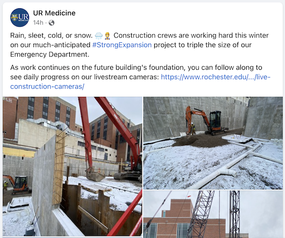 Screenshot of the UR Medicine Facebook page with a collage of photos showing various stages of winter construction 