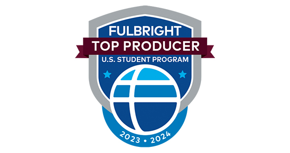 A red, white, blue, and gray badge that says "FULBRIGHT TOP PRODUCER U.S. STUDENT PROGRAM 2023-2024