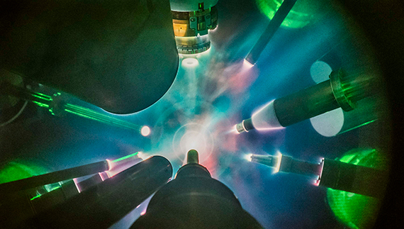 View from inside the OMEGA laser system's target chamber during a direct drive fusion experiment.