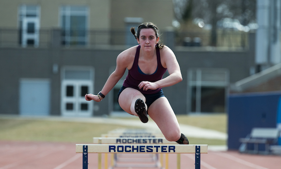 Hurdler Abby Seamus ’25 does a workout on the track 