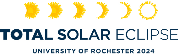 A graphic with illustrations of a dandelion becoming increasingly eclipsed and words that read "TOTAL SOLAR ECLIPSE UNIVERSITY OF ROCHESTER 2024"