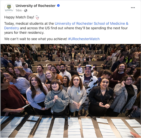 Screenshot of the University of Rochester Facebook page. A group of fourth-year medical students await the results of Match Day