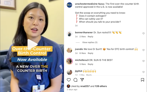 Screenshot of the UR Medicine Instagram page offering information on the new over the counter birth control