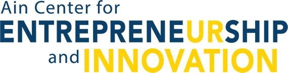 Blue and yellow text that says "Ain Center for ENTREPRENEURSHIP and INNOVATION"