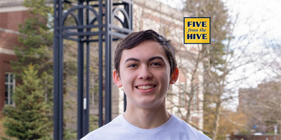A heashot of Bryce Sabin with a blue and yellow graphic that says "Five from the Hive"