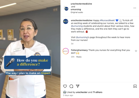 Screenshot of the UR Medicine Instagram showing a nurse