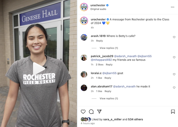 Screenshot of the University of Rochester Instagram showing a student in a grey Rochester tshirt