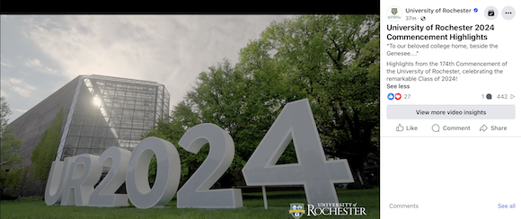 Screenshot of the University of Rochester Facebook page showing large UR2024 letters