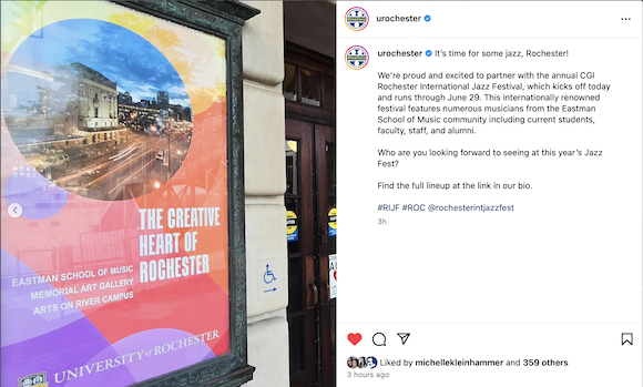Screenshot of the University of Rochester Instagram with a jazz festival poster outside of the Eastman Theatre