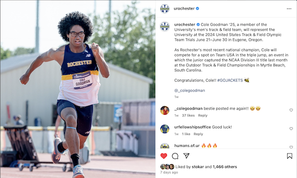 Screenshot of the University of Rochester Instagram showing Cole Goodman participating in the triple jump