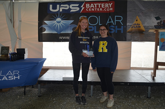 Rebeca Zapiach and Calista Courtney pose with the Innovation Award at the Solar Splash competition.